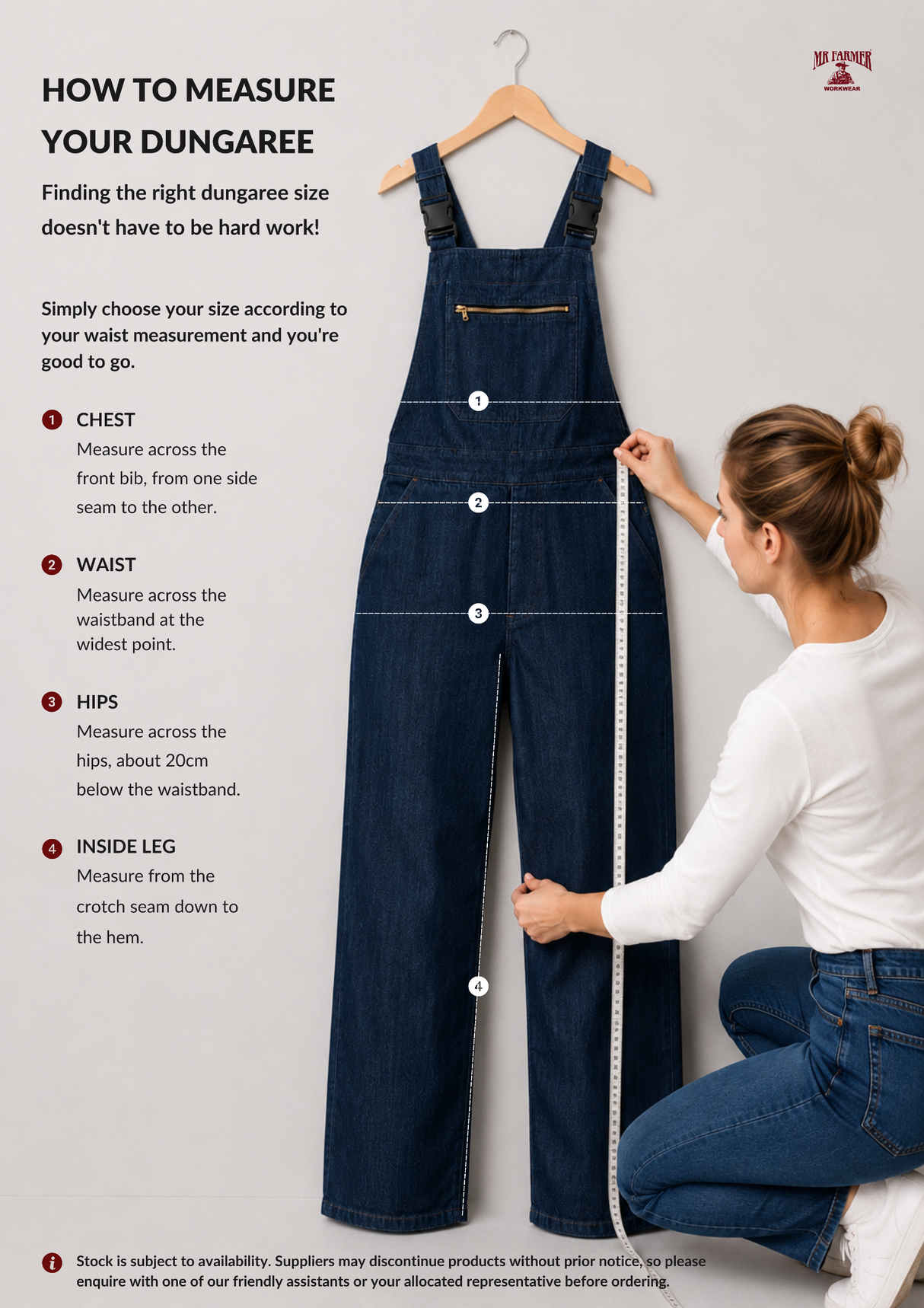 Woman measuring a pair of blue dungarees with text on how to measure them.