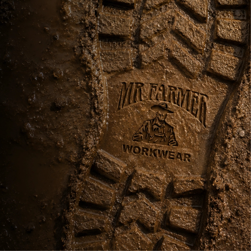 A close-up of a muddy boot sole with a visible 'MR. FARMER WORKWEAR' imprint, set against wet dark earth.