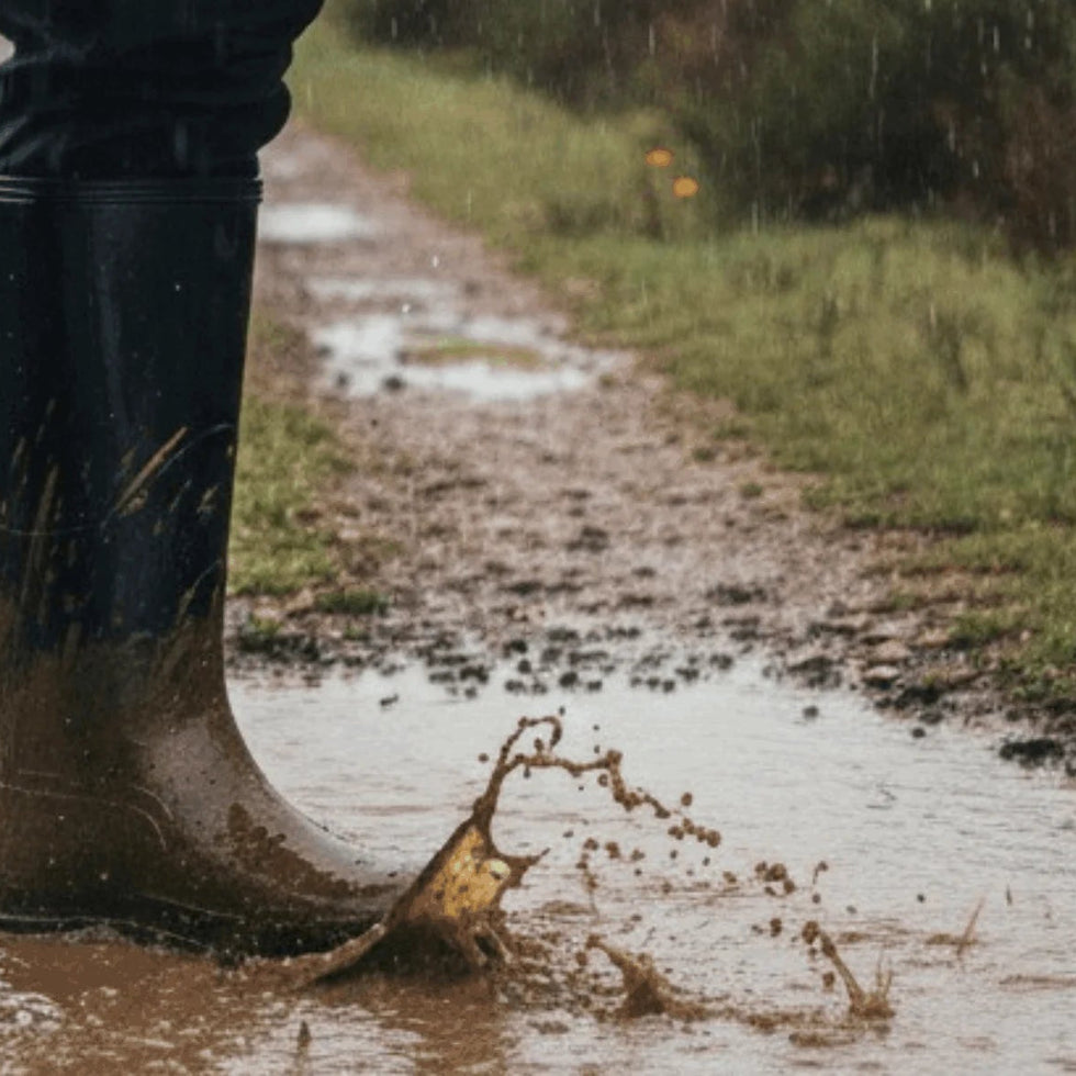 Person wearing rubber boots on a muddy path with text 'The Cold Called We Told It to Beat It' and a logo.