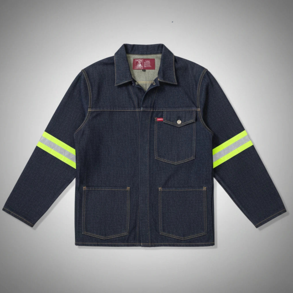 Dark denim work jacket with reflective stripes on a gray background