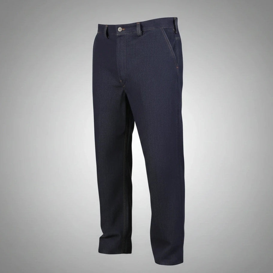Navy blue denim pants on a gray background