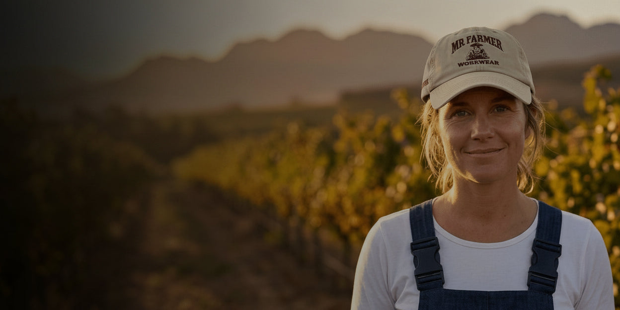 A woman standing in a vineyard at sunset, wearing a white long-sleeve shirt, dark denim overalls, and a beige baseball cap with 'AIR FARMER' printed on the front.