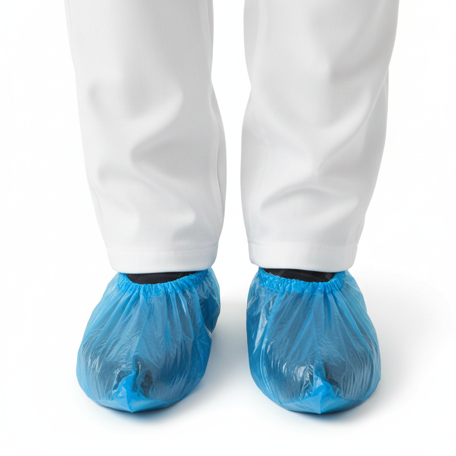 Blue shoe covers worn with white pants on a white background