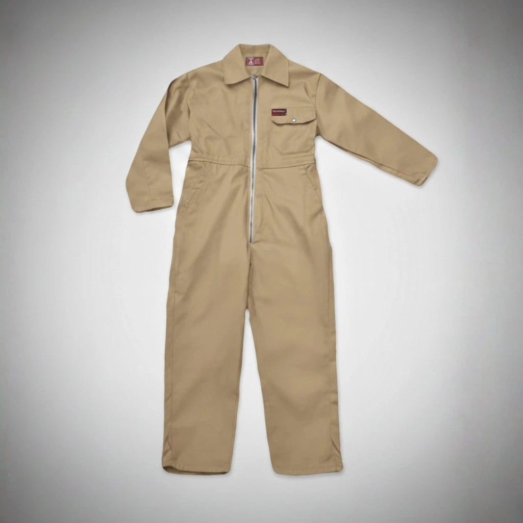 Khaki kids coverall on a gray background