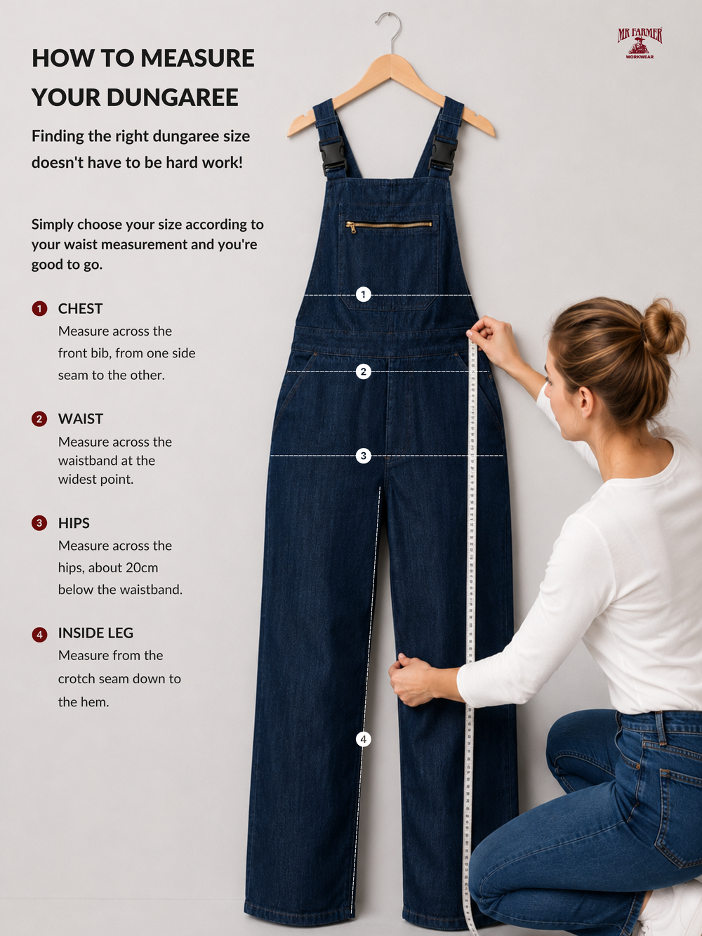 Woman measuring a pair of blue dungarees with text on how to measure them.