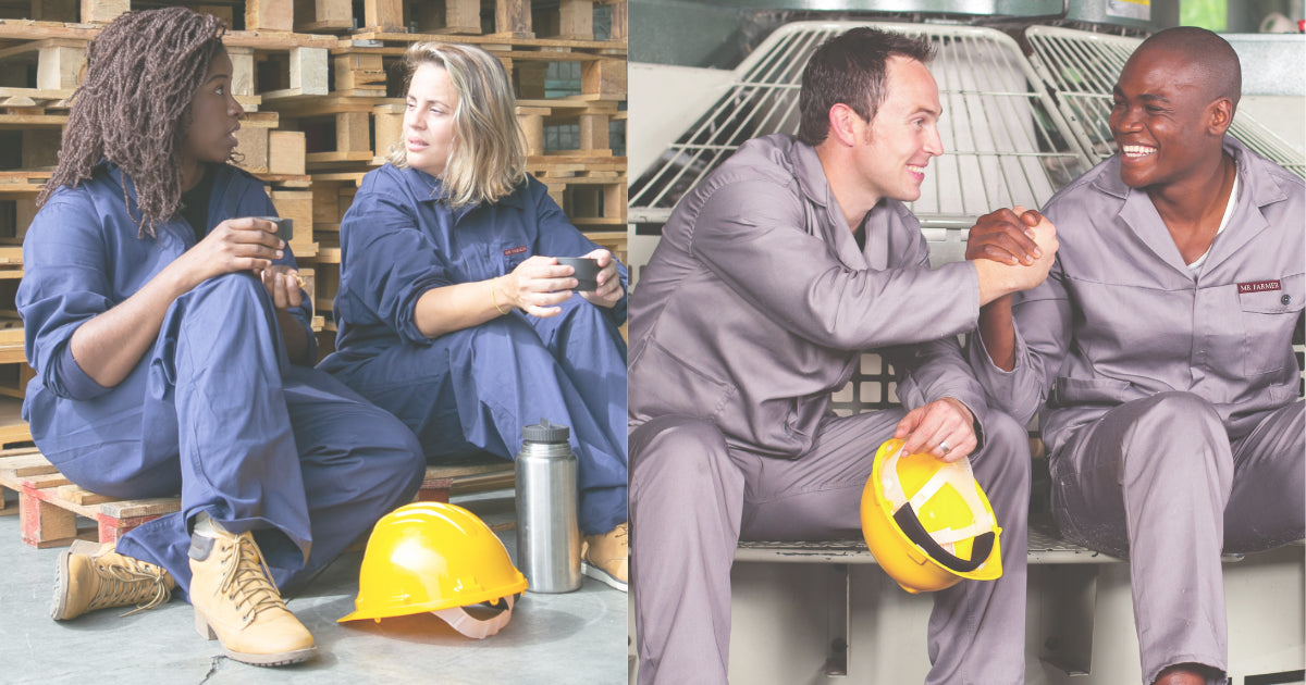 Men and women in overalls sitting in a work environment with hard hats