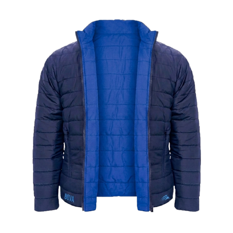 A navy blue quilted puffer jacket with a bright royal blue inner lining and collar, shown open against a plain white background. The brand name 'BOYA' is visible in light blue on the lower left sleeve.