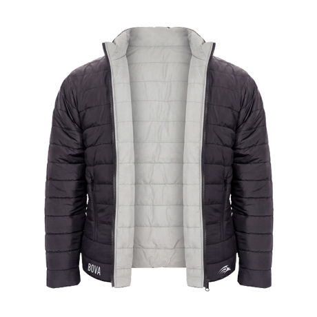 A dark gray puffer jacket with a light gray quilted interior lining, shown from the back on a white background. The brand name 'BOVA' is printed in white on the lower left hem.