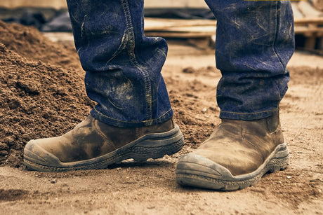 Person wearing brown work boots and blue jeans on a dirt ground with Dromex logo.
