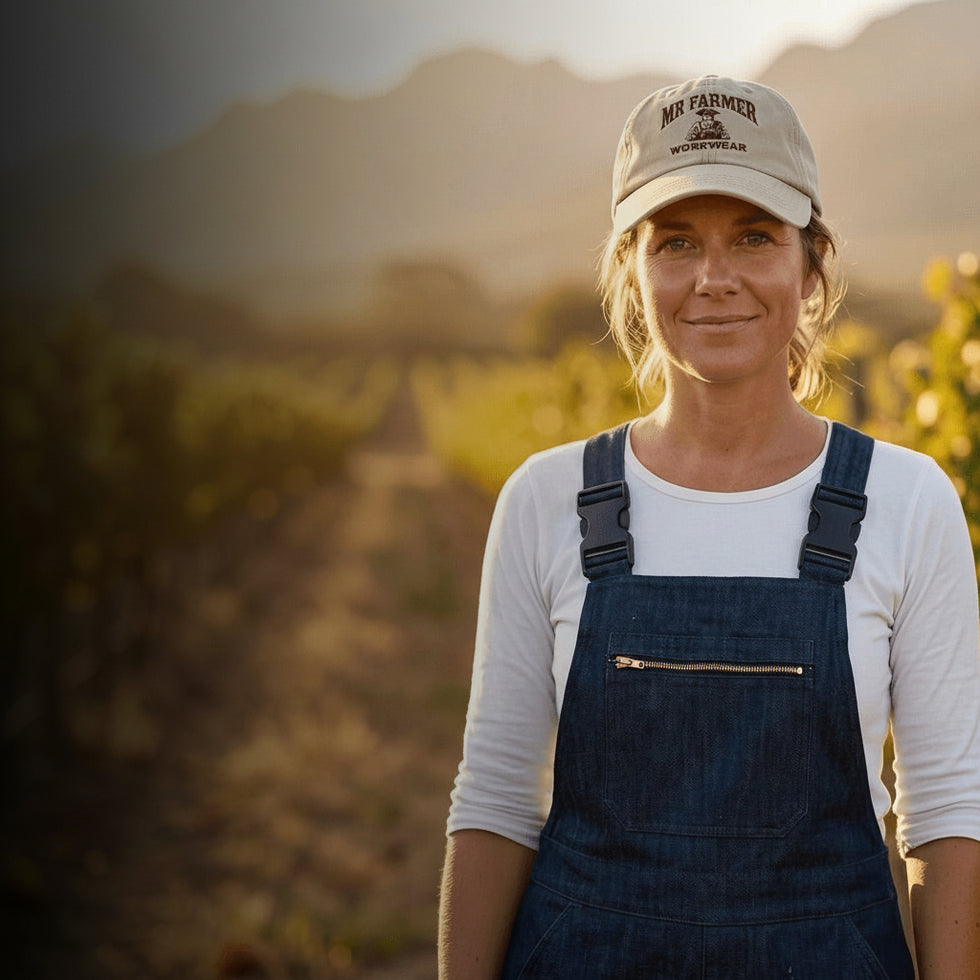 A woman standing in a vineyard at sunset, wearing a beige baseball cap with 'Mr. Farmer Winery' embroidered on the front, a white long-sleeve shirt, and dark blue denim overalls.