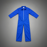 Blue kids one piece jumpsuit on a gray background