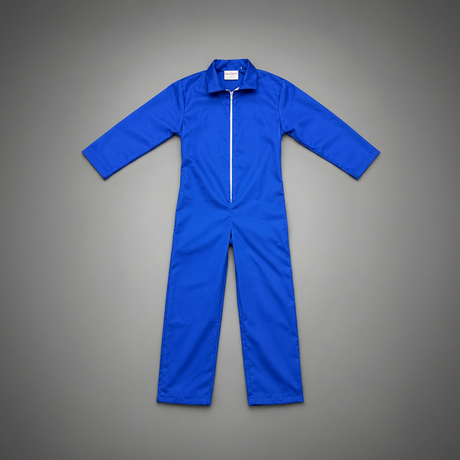 Blue kids one piece jumpsuit on a gray background