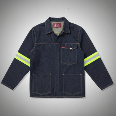 Dark denim work jacket with reflective stripes on a gray background