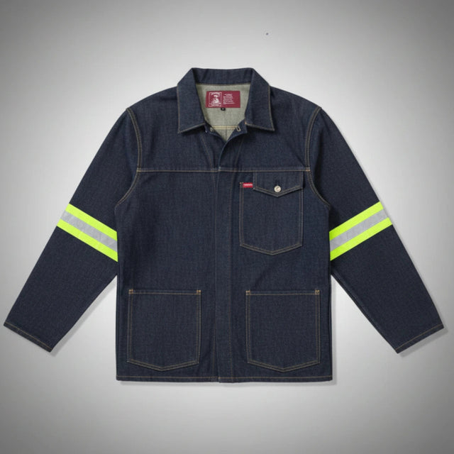 Dark denim work jacket with reflective stripes on a gray background