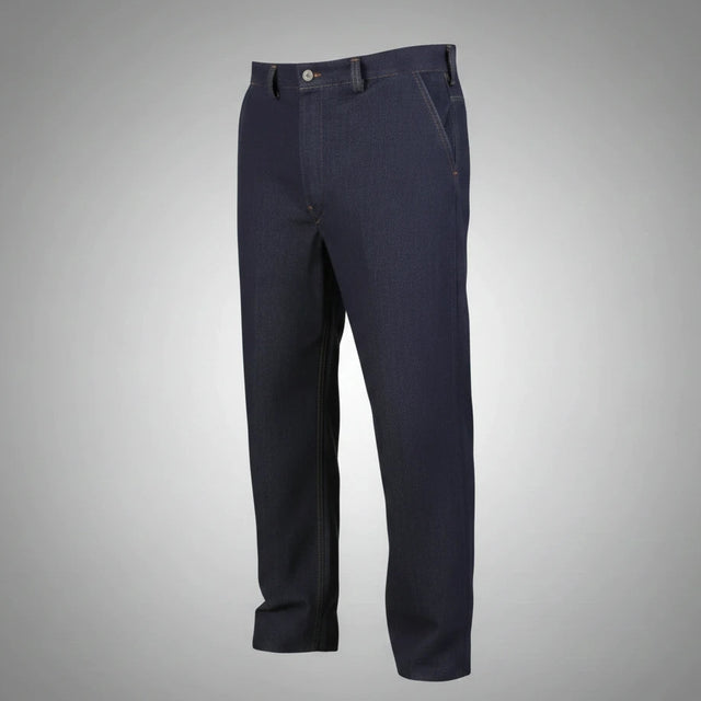 Navy blue denim pants on a gray background