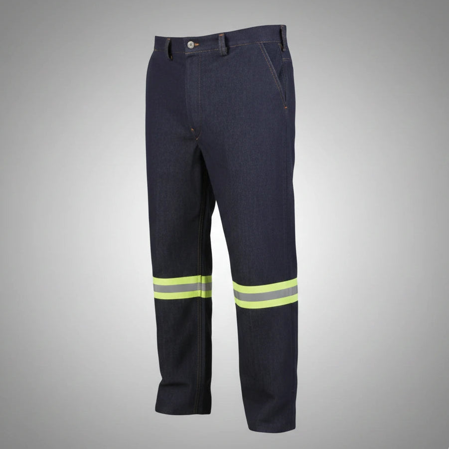 Denim work pants with reflective stripes on a gray background
