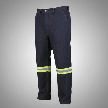 Denim work pants with reflective stripes on a gray background