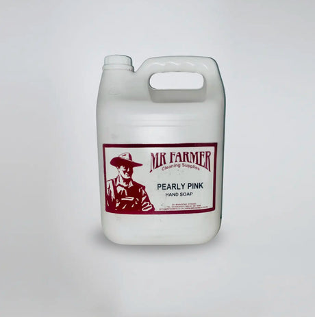 White container of Mr. Farmer Pearly Pink Hand Soap on a gray background