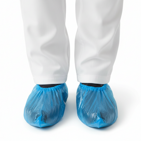 Blue shoe covers worn with white pants on a white background