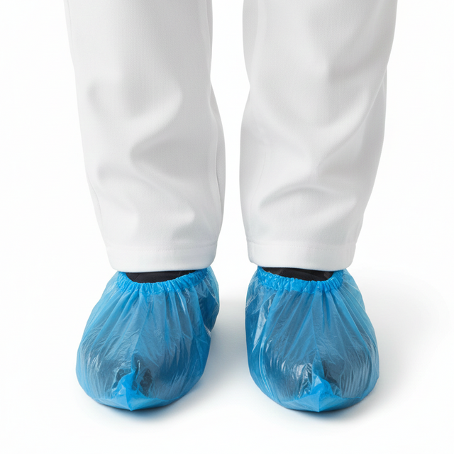Blue shoe covers worn with white pants on a white background