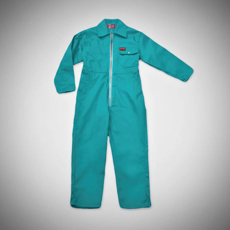 green kids coverall with a red label on a gray background