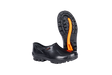Black PVC safety overshoe with slip-resistant sole and orange tread, displayed on a white background.