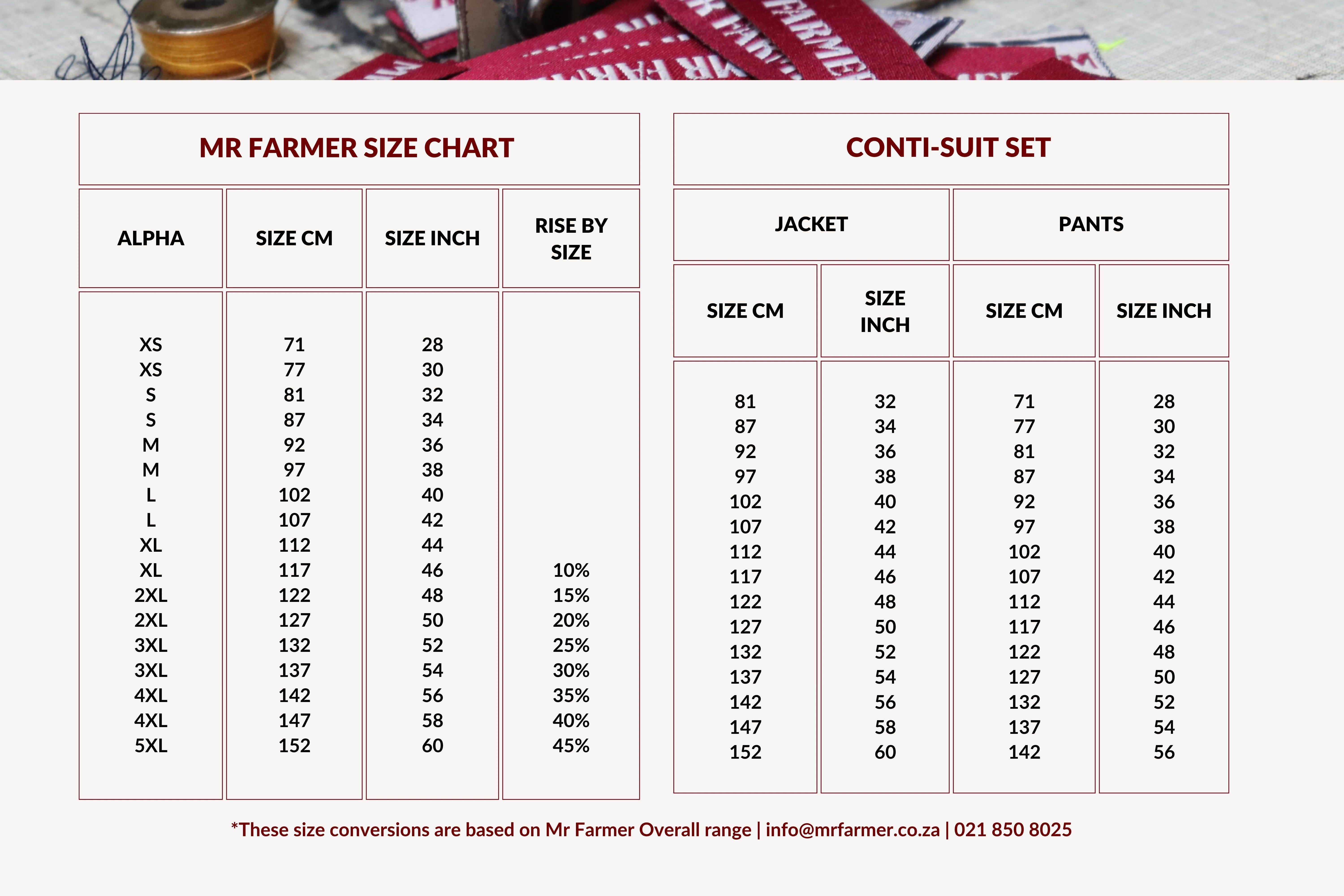 Mr Farmer Size Chart